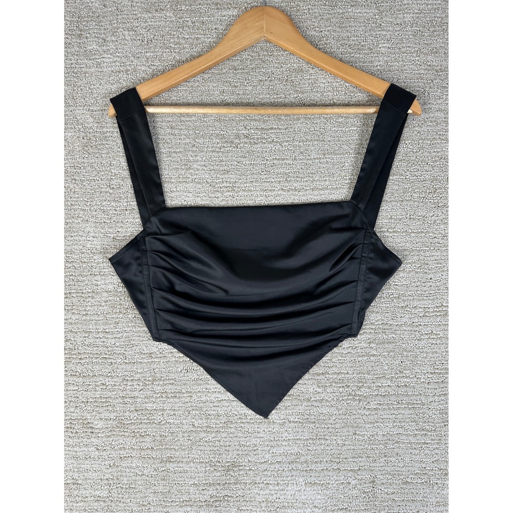 Miaou Black Satin Ruched Handkerchief Crop Top Tie Back Square Neck XS RN156492